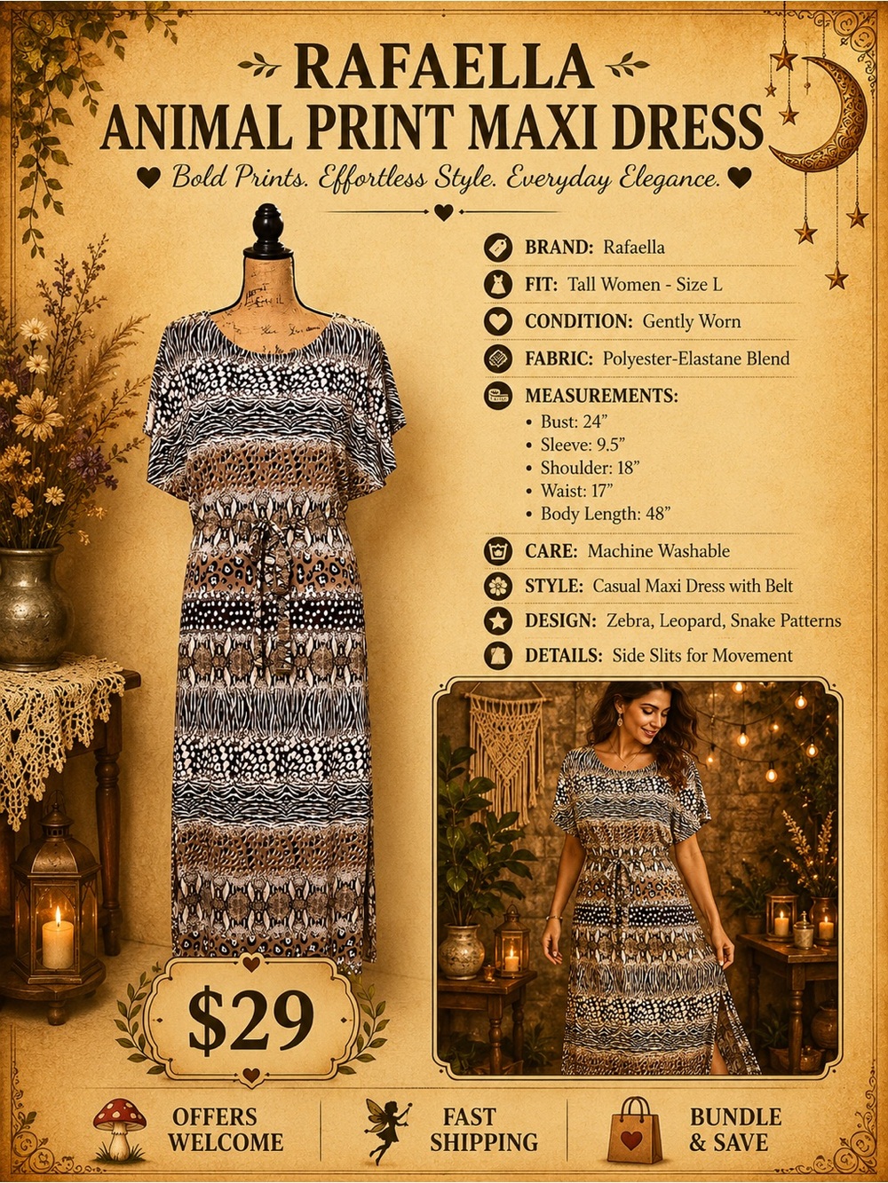 Rafaella Animal Print Maxi Dress L with Belt